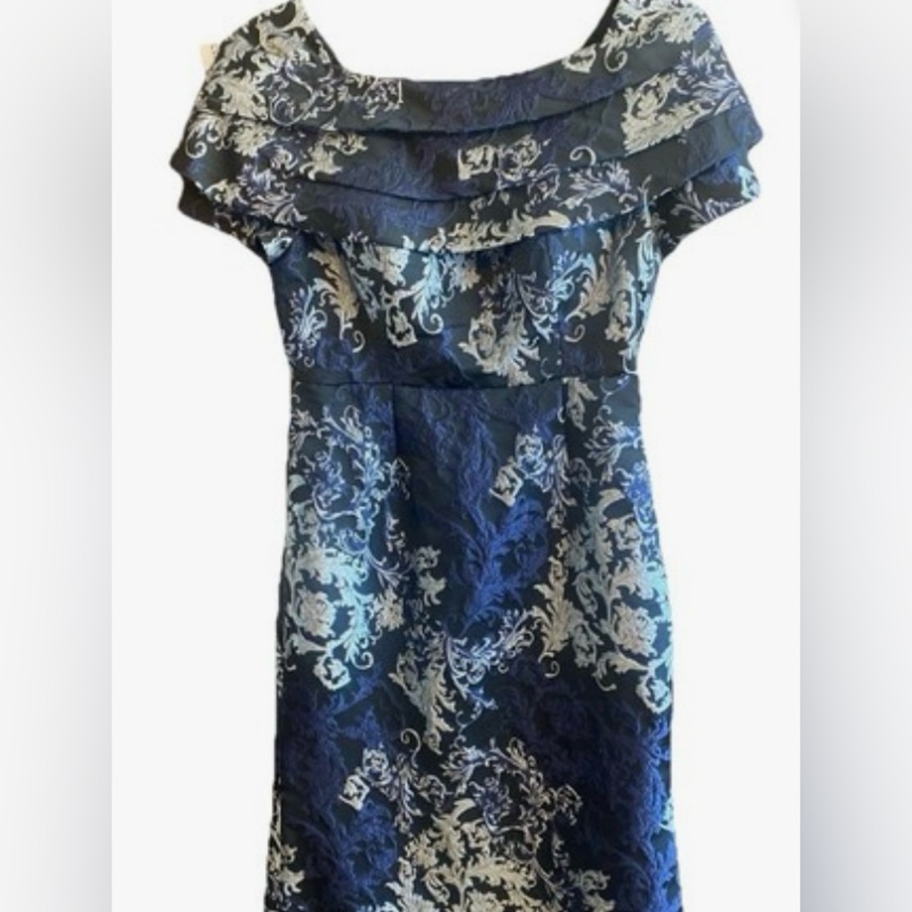 Jade Couture Navy and Silver Brocade Mother of the Bride  long dress
